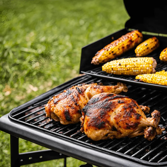 chicken on a grill with corn on a cob