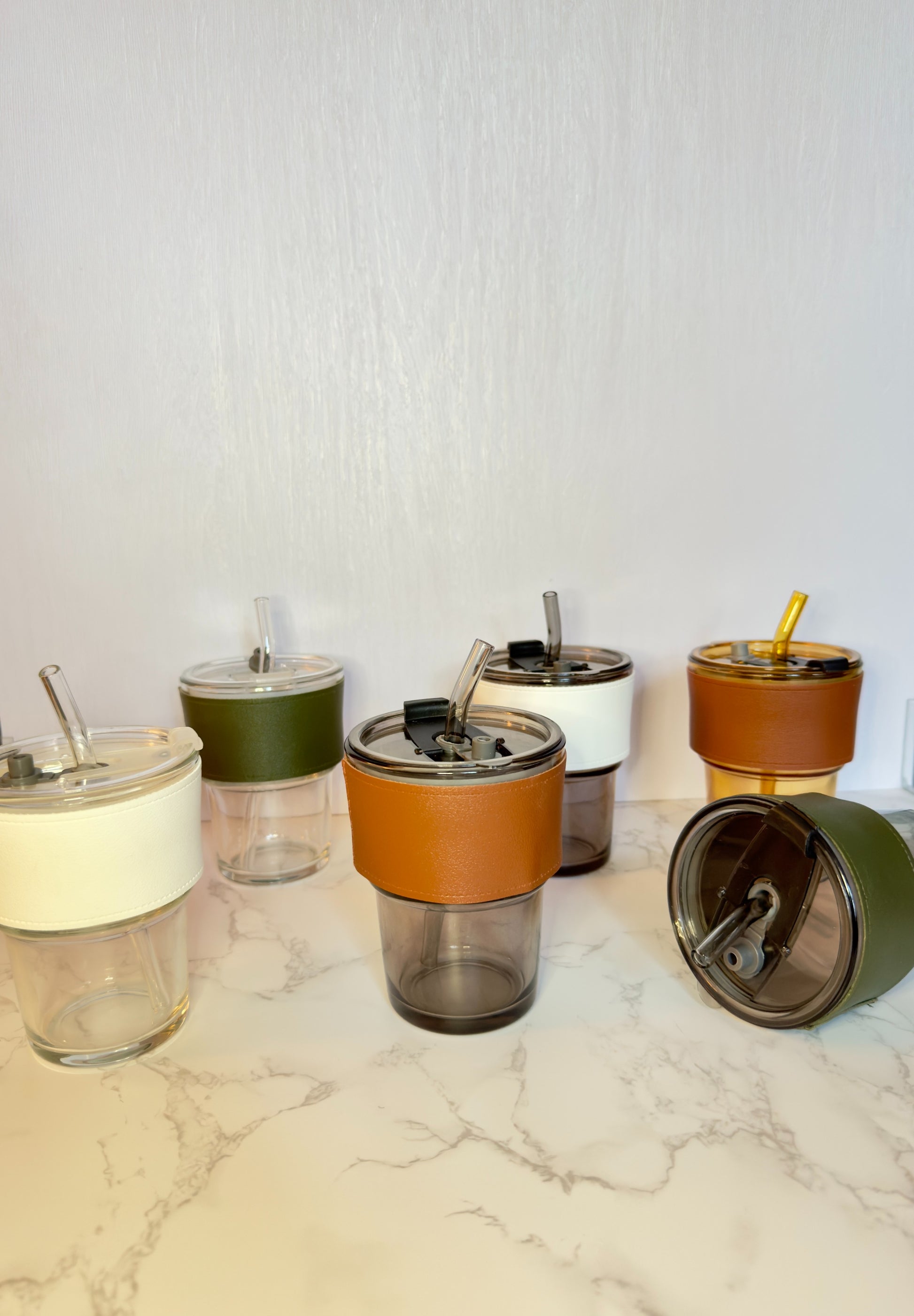 glass mugs with leather sleeve