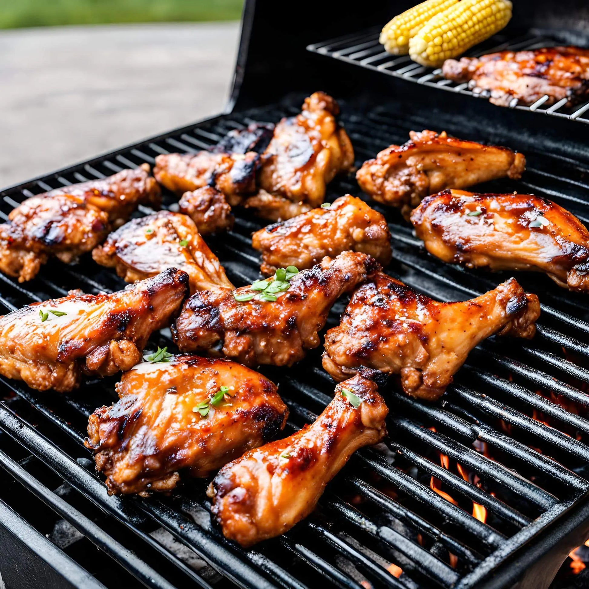 glazed chicken wings on a grill, with corn on the cob