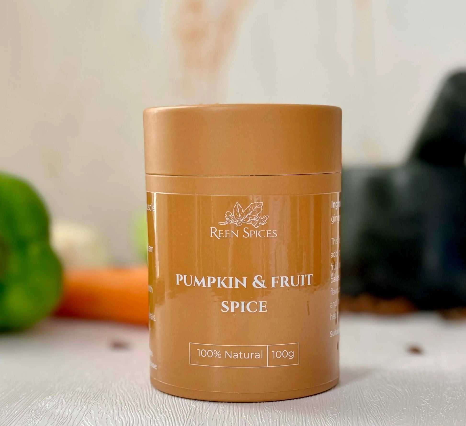 pumpkin and fruit spice in a brown container