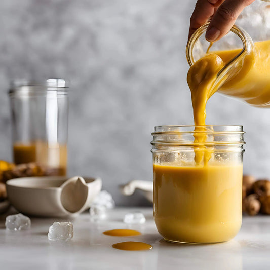 golden milk being poured in a glass